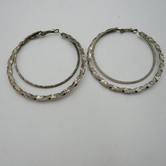 Vintage Silver Tone Oversized 2.5" Textured Double Hoop Earrings - Picture 1 of 7
